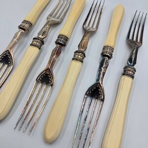 Vintage Dinner Fish Fork Set EPNS Ornate Design 6 Pc Rare Set Celluloid